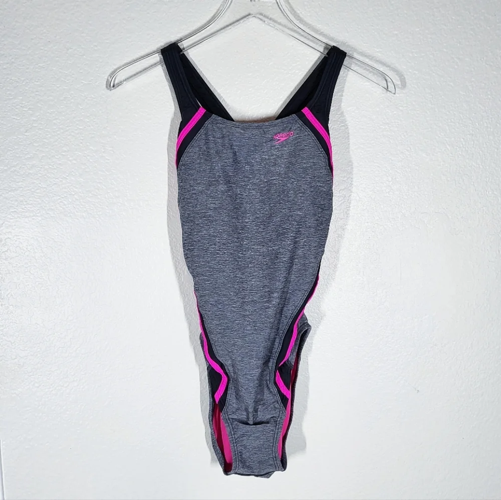 Speedo Quantum Splice One Piece Swimsuit Open Back Sporty Grey and Pink Size 10 - Picture 3 of 13